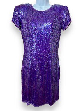 Vintage Purple Sequin Carolyne Barton Cocktail Dress short sleeve beaded